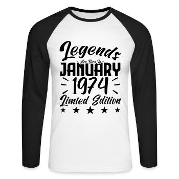 Geboren im Januar 1974. Geburtstagsgeschenk. - Unisex Baseballshirt langarm - Weiß/Schwarz - Vorne - Nik (191cm)