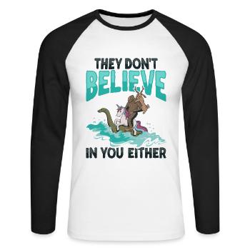 Cryptozoology Cryptid Bigfoot Unicorn Loch Ness - Unisex Long Sleeve Baseball T-Shirt - white/black - Front - Nik (191cm)
