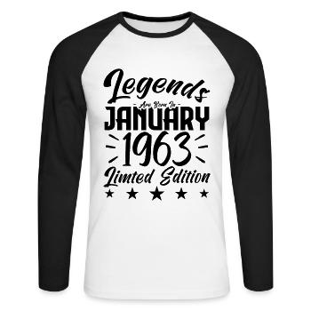Naissance En Janvier 1963. Cadeau d'anniversaire. - T-shirt baseball manches longues Homme - blanc/noir - Devant - Nik (191cm)