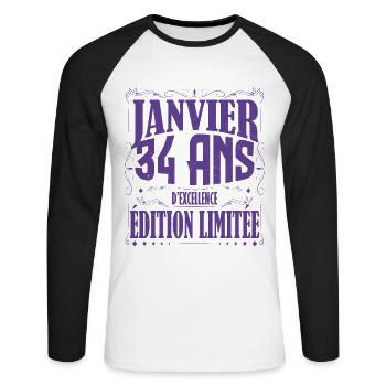 Janvier 34 ans. Cadeau 34 ans janvier anniversaire - T-shirt baseball manches longues Homme - blanc/noir - Devant - Nik (191cm)