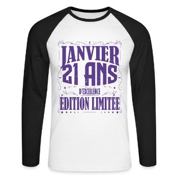 Janvier 21 ans. Cadeau 21 ans janvier anniversaire - T-shirt baseball manches longues Homme - blanc/noir - Devant - Nik (191cm)