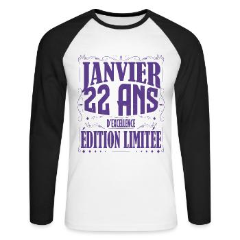 Janvier 22 ans. Cadeau 22 ans janvier anniversaire - T-shirt baseball manches longues Homme - blanc/noir - Devant - Nik (191cm)