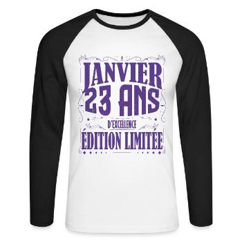 Janvier 23 ans. Cadeau 23 ans janvier anniversaire - T-shirt baseball manches longues Homme - blanc/noir - Devant - Nik (191cm)