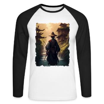 Samurai Japanischer Tempel Wasserfall - Unisex Baseballshirt langarm - Weiß/Schwarz - Vorne - Nik (191cm)