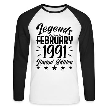 Born in February 1991. Birthday gift. - Unisex Long Sleeve Baseball T-Shirt - white/black - Front - Nik (191cm)