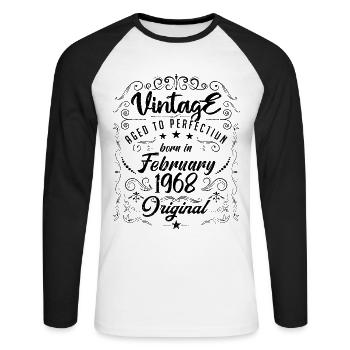 Vintage Né(e) en Février 1968 anniversaire février - T-shirt baseball manches longues Homme - blanc/noir - Devant - Nik (191cm)