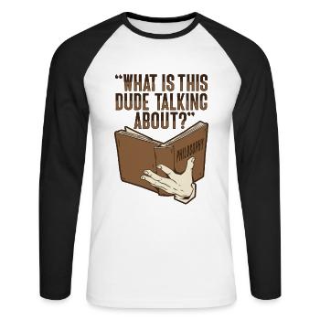 Philosophical book design for a - Unisex Long Sleeve Baseball T-Shirt - white/black - Front - Nik (191cm)