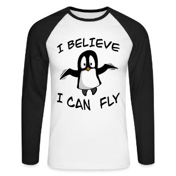 Lustiger Penguin, je crois que je peux voler, Shirt Comic - T-shirt baseball manches longues Homme - blanc/noir - Devant - Nik (191cm)