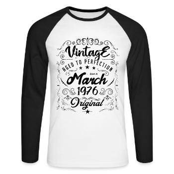 Vintage Né(e) en Mars 1976. anniversaire mars 1976 - T-shirt baseball manches longues Homme - blanc/noir - Devant - Nik (191cm)