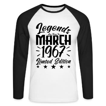 Naissance En Mars 1967. Cadeau d'anniversaire mars - T-shirt baseball manches longues Homme - blanc/noir - Devant - Nik (191cm)