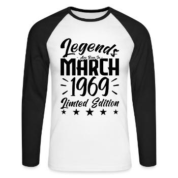 Naissance En Mars 1969. Cadeau d'anniversaire mars - T-shirt baseball manches longues Homme - blanc/noir - Devant - Nik (191cm)
