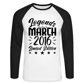 Naissance En Mars 2016. Cadeau d'anniversaire mars - T-shirt baseball manches longues Homme - blanc/noir - Devant - Nik (191cm)