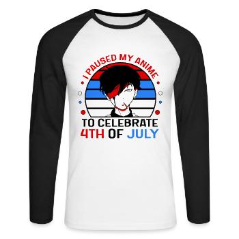I paused my anime to celebrate 4th of july - Unisex Baseballshirt langarm - Weiß/Schwarz - Vorne - Nik (191cm)