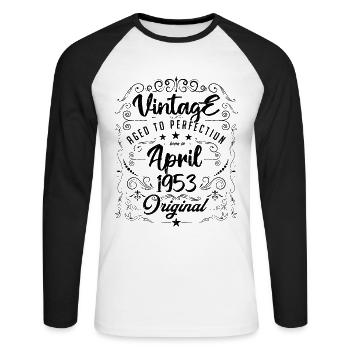 Jahrgang geboren im April 1953. Geburtstag April. - Unisex Baseballshirt langarm - Weiß/Schwarz - Vorne - Nik (191cm)
