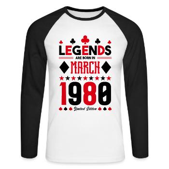 cadeau d'anniversaire Mars 1980. jeux de carte . - T-shirt baseball manches longues Homme - blanc/noir - Devant - Nik (191cm)