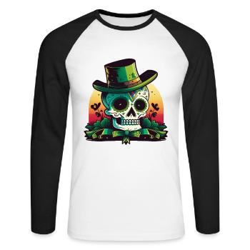 Sonnenuntergang Zuckerschädel trägt einen Hut St. Patrick's Day - Unisex Baseballshirt langarm - Weiß/Schwarz - Vorne - Nik (191cm)