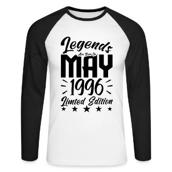 Geboren Mai 1996 Geburtstagsgeschenk 1996. - Unisex Baseballshirt langarm - Weiß/Schwarz - Vorne - Nik (191cm)
