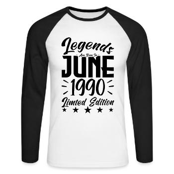 Geboren Juni 1990 Geburtstagsgeschenk 1990. - Unisex Baseballshirt langarm - Weiß/Schwarz - Vorne - Nik (191cm)