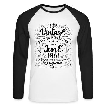 Vintage Né(e) en Juin 1961. anniversaire juin 1961 - T-shirt baseball manches longues Homme - blanc/noir - Devant - Nik (191cm)