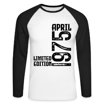 Cadeau Avril 1975. Anniversaire avril 1975. April. - T-shirt baseball manches longues Homme - blanc/noir - Devant - Nik (191cm)