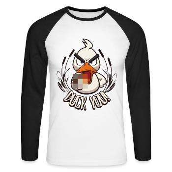 Duck You! Funny duck with middle finger saying - Unisex Long Sleeve Baseball T-Shirt - white/black - Front - Nik (191cm)