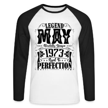 Mai 1973. Anniversaire mai 1973. Cadeau may 1973. - T-shirt baseball manches longues Homme - blanc/noir - Devant - Nik (191cm)