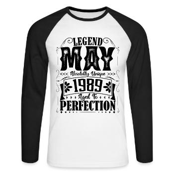 Mai 1989. Anniversaire mai 1989. Cadeau may 1989. - T-shirt baseball manches longues Homme - blanc/noir - Devant - Nik (191cm)