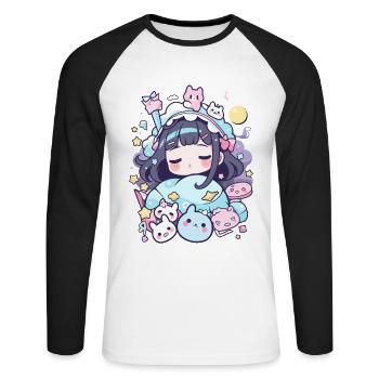 Pyjamas d’anime au design pastel pour les amoureux du Japon - T-shirt baseball manches longues Homme - blanc/noir - Devant - Nik (191cm)