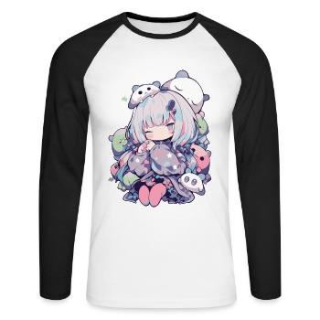 Chemise de nuit kawaii pour les amateurs de manga et d’anime - T-shirt baseball manches longues Homme - blanc/noir - Devant - Nik (191cm)