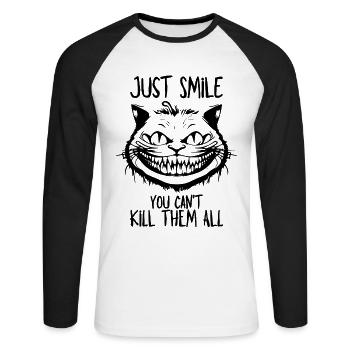 Smile - You Can't Kill Them All - Grinsekatze - Unisex Baseballshirt langarm - Weiß/Schwarz - Vorne - Nik (191cm)