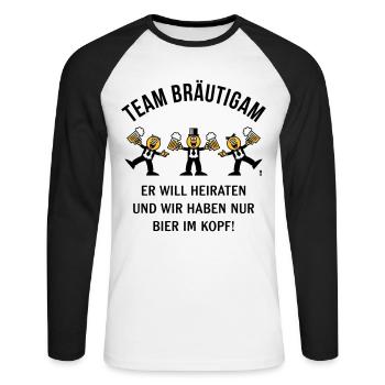 Team Bräutigam (Karikatur / Bier Im Kopf / 3C / B) - Unisex Baseballshirt langarm - Weiß/Schwarz - Vorne - Nik (191cm)