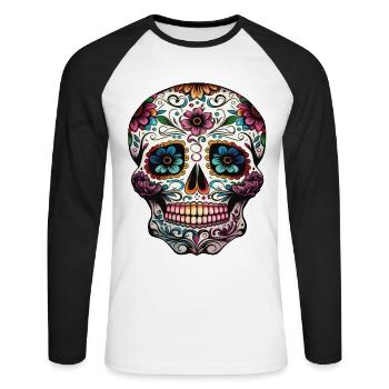 Crâne décoratif Mexicain - T-shirt baseball manches longues Homme - blanc/noir - Devant - Nik (191cm)