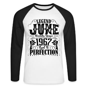 Juni 1967. Geburtstag Juni 1967 Geschenk Juni 1967 - Unisex Baseballshirt langarm - Weiß/Schwarz - Vorne - Nik (191cm)