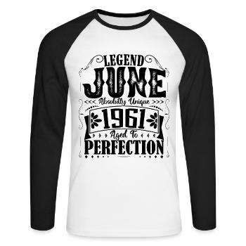 juin 1961. Anniversaire juin 1961 Cadeau juin 1961 - T-shirt baseball manches longues Homme - blanc/noir - Devant - Nik (191cm)