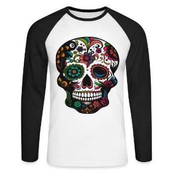 Tête de mort, fête des morts au Mexique - T-shirt baseball manches longues Homme - blanc/noir - Devant - Nik (191cm)