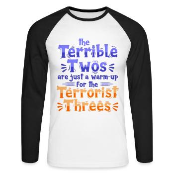 Die schrecklichen Zweier sind nur das Aufwärmen - Unisex Baseballshirt langarm - Weiß/Schwarz - Vorne - Nik (191cm)