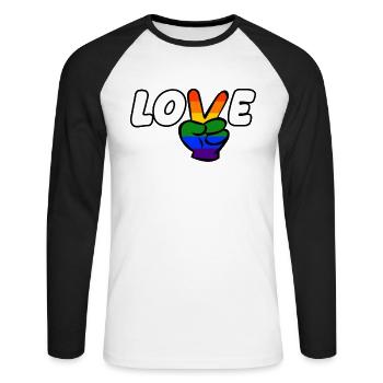 Pride LGBT Liebe gewinnt, wir sind queer und stolz - Unisex Baseballshirt langarm - Weiß/Schwarz - Vorne - Nik (191cm)