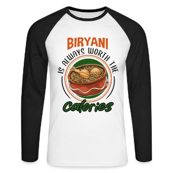 Indian Food Foodies, Biryani, Lovers, - Unisex Long Sleeve Baseball T-Shirt - white/black - Front - Nik (191cm)