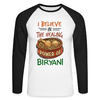 Indian Food Foodies, Biryani, Lovers, - Unisex Long Sleeve Baseball T-Shirt - white/black - Front - Nik (191cm)