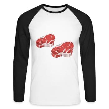 Was ist besser als ein Steak? Zwei Steaks Lieblibg - Unisex Baseballshirt langarm - Weiß/Schwarz - Vorne - Nik (191cm)