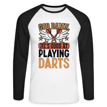 he's good at playing darts - Unisex Baseballshirt langarm - Weiß/Schwarz - Vorne - Nik (191cm)