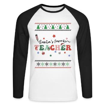 Santas favorite Teacher - Retro Groovy Christmas - Unisex Baseballshirt langarm - Weiß/Schwarz - Vorne - Nik (191cm)
