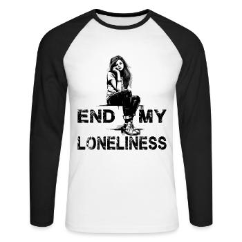Slogon für Frauen Beende meine Einsamkeit - Unisex Baseballshirt langarm - Weiß/Schwarz - Vorne - Nik (191cm)