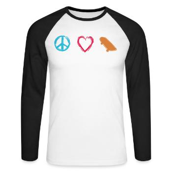 Frieden Liebe Skateboard - Unisex Baseballshirt langarm - Weiß/Schwarz - Vorne - Nik (191cm)