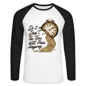 Zeitloses Motivationszitat mit schmelzenden Uhren - Unisex Baseballshirt langarm - Weiß/Schwarz - Vorne - Nik (191cm)