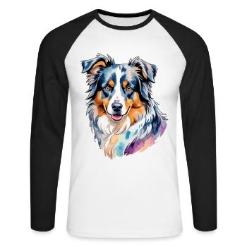 Australian Shepherd Wasserfarben - Unisex Baseballshirt langarm - Weiß/Schwarz - Vorne - Nik (191cm)