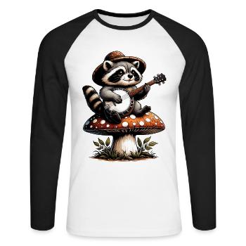 Gemütlicher Cottagecore Waschbär spielt Banjo - Unisex Baseballshirt langarm - Weiß/Schwarz - Vorne - Nik (191cm)