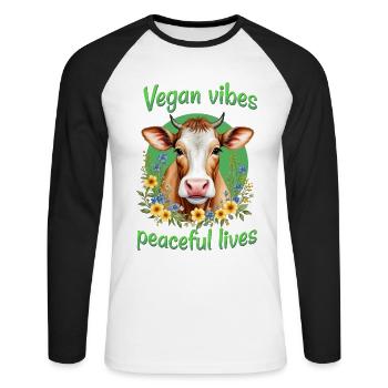 Vegan vibes peaceful lives - Unisex Long Sleeve Baseball T-Shirt - white/black - Front - Nik (191cm)