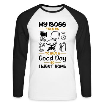 Humour de bureau - T-shirt baseball manches longues Homme - blanc/noir - Devant - Nik (191cm)