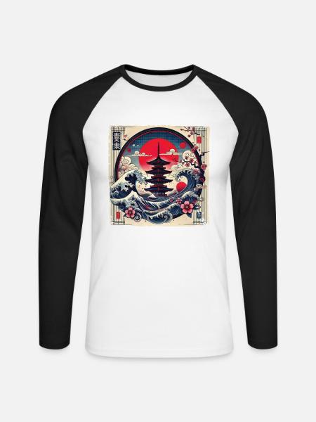 Traditionelle Japanische Pagode, - Unisex Baseballshirt langarm - Weiß/Schwarz